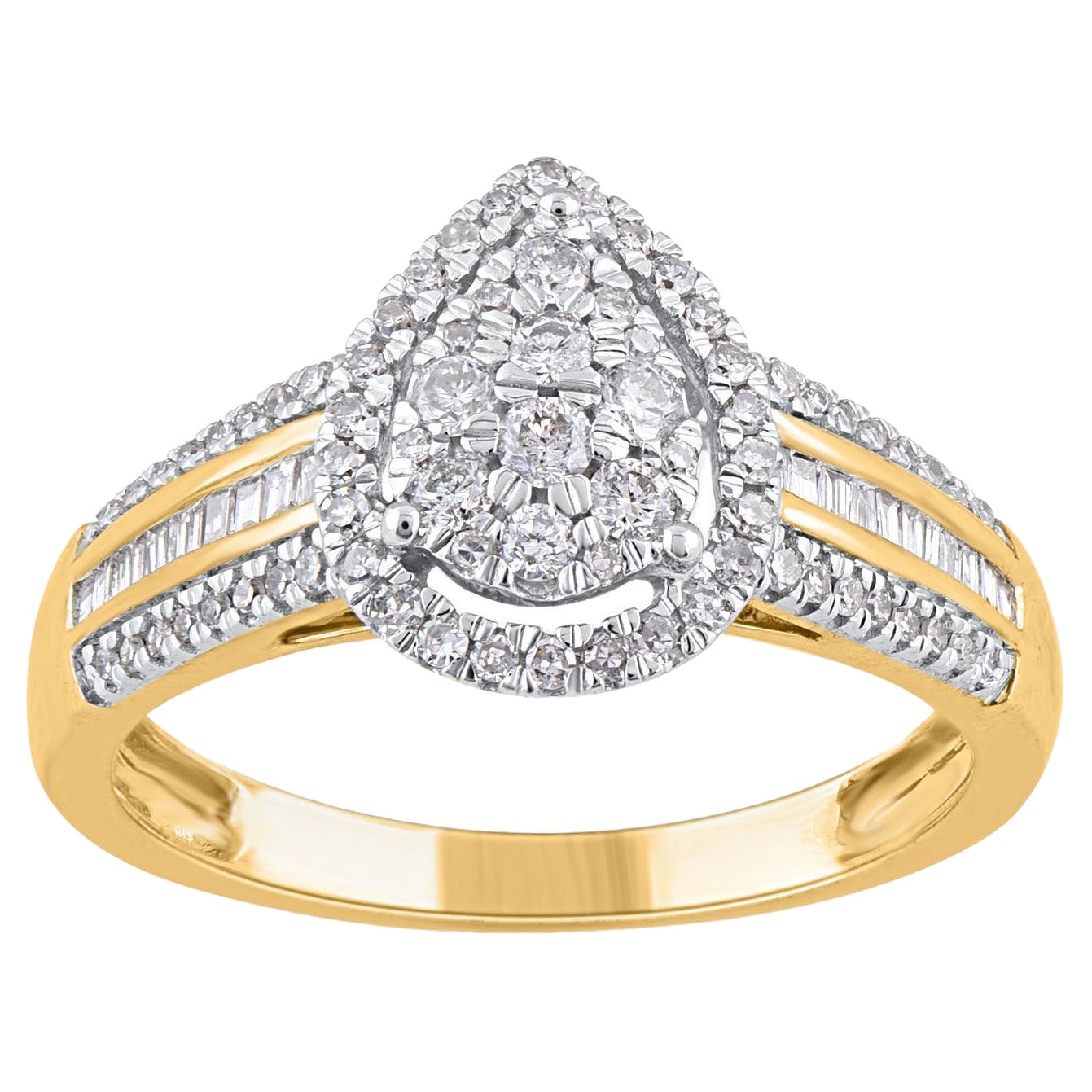 TJD 0.50 Carat Baguette & Round Diamond 14KT Yellow Gold Pear Shape Halo Ring