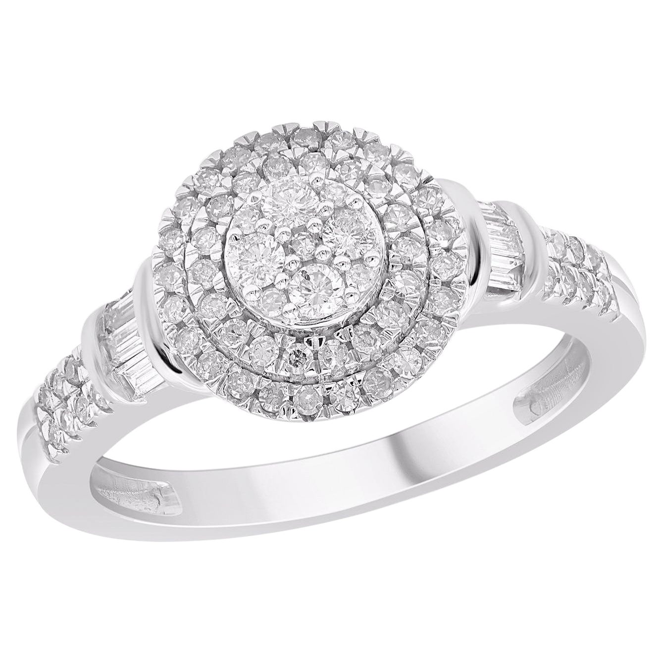 TJD 0.50 Carat Natural Baguette & Round Diamond 14 Karat White Gold Halo Ring