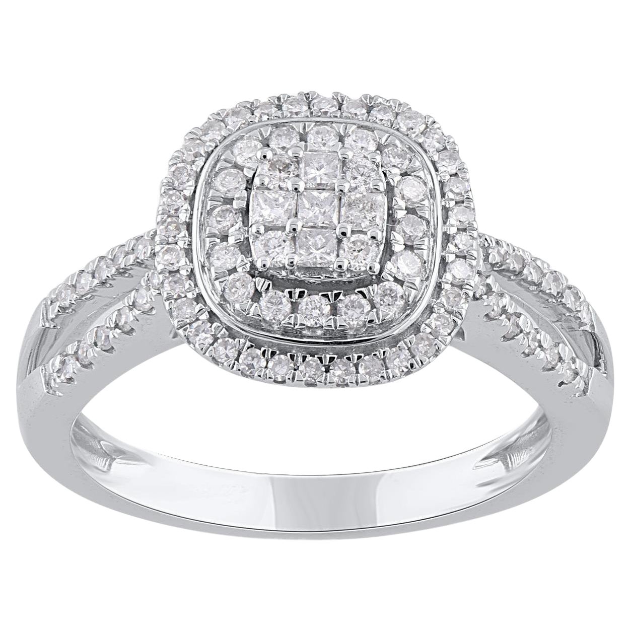 TJD 0.50 Carat Natural Princess & Round Diamond 14KT White Gold Engagement Ring For Sale
