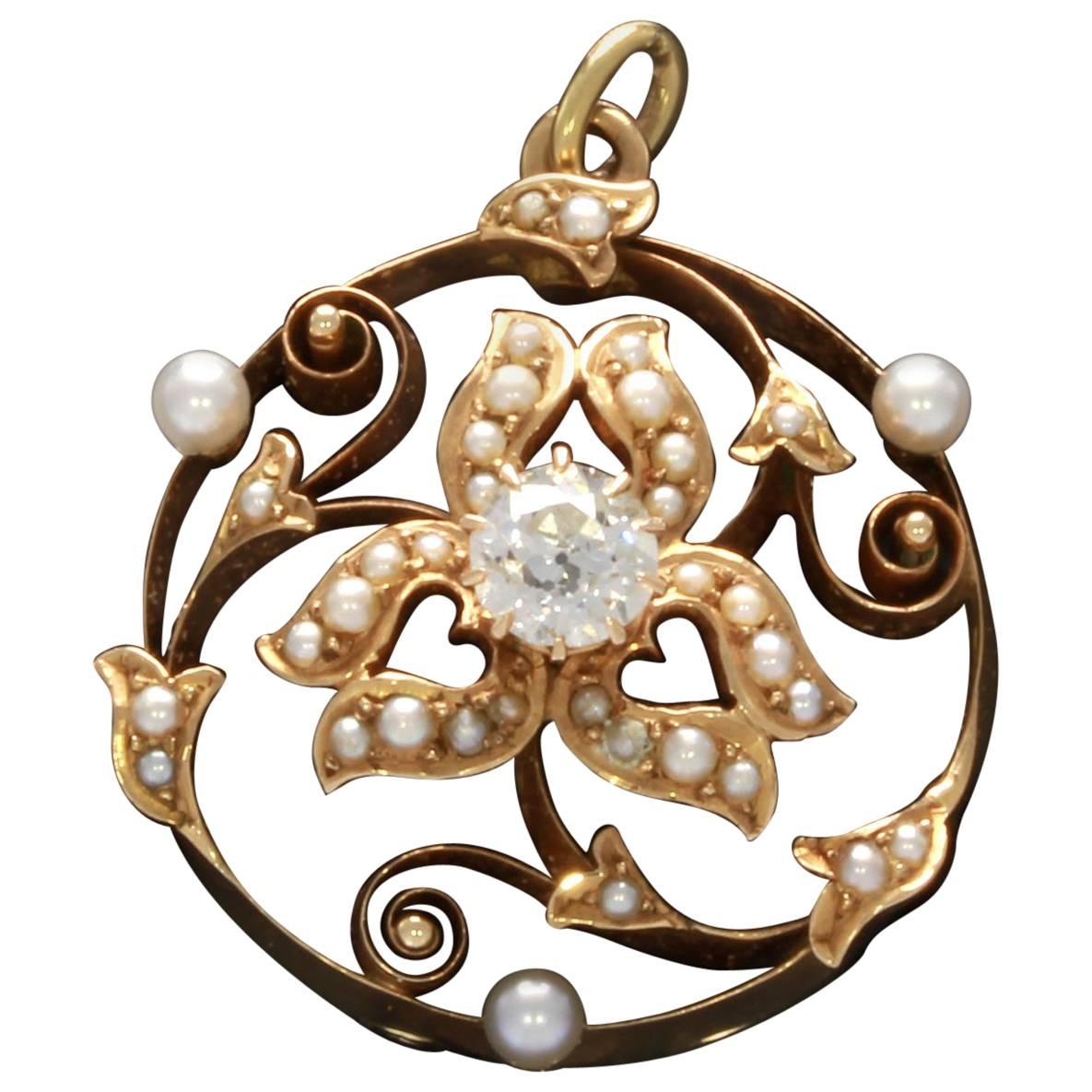 Art Nouveau Pearl Diamond Gold Pendant For Sale