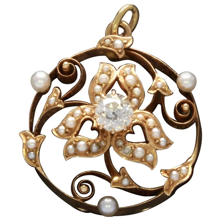 Art Nouveau Pearl Diamond Gold Pendant For Sale at 1stDibs