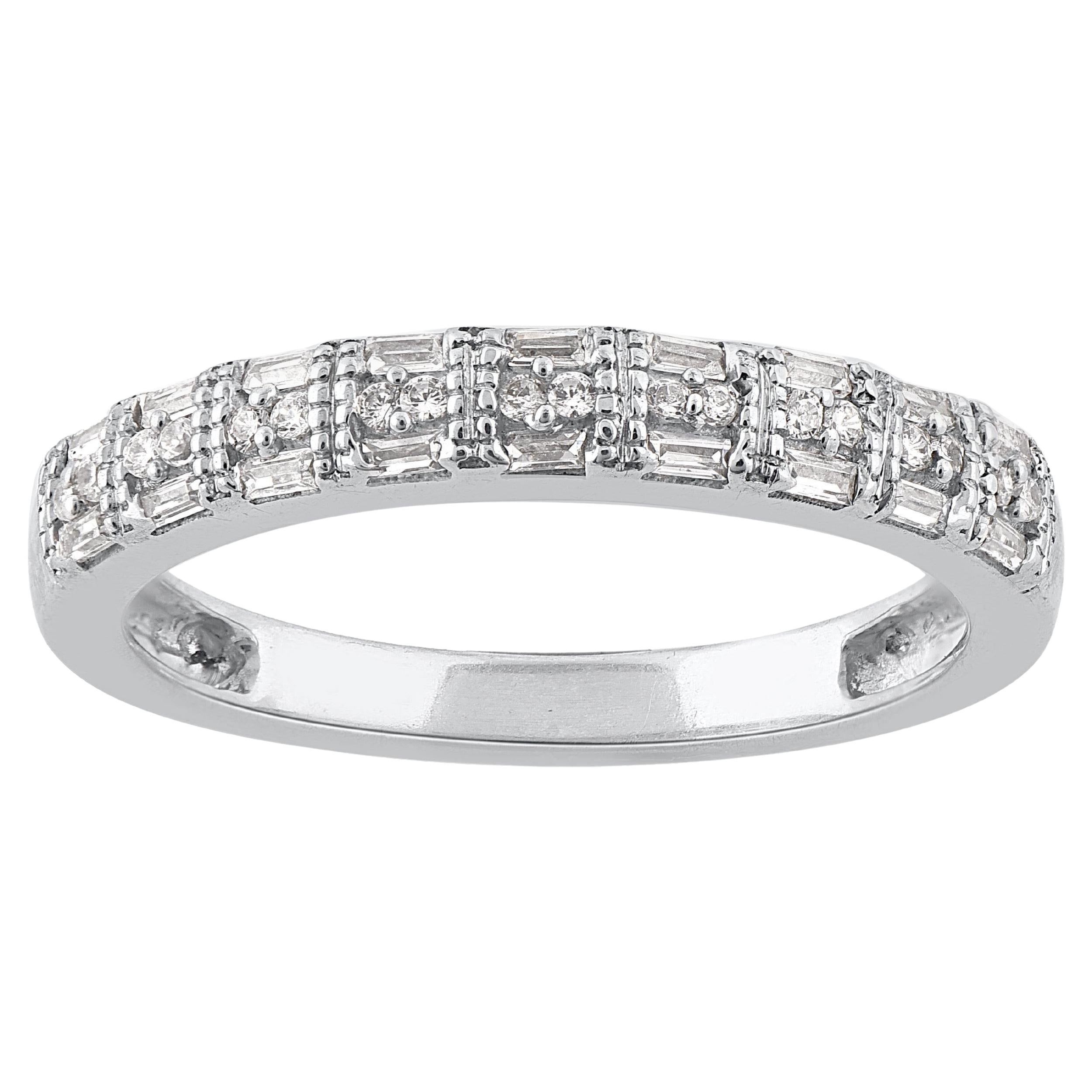 TJD 0.25 Carat Round & Baguette Diamond 14KT Gold Stackable Wedding Band Ring For Sale
