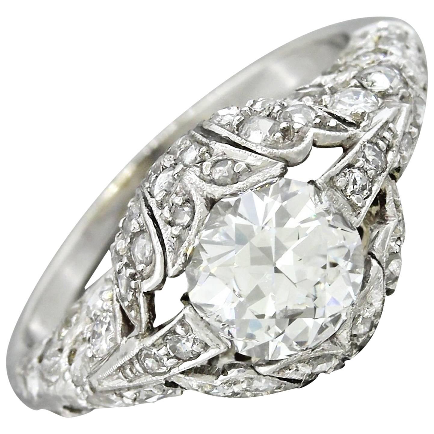 1920s Antique Art Deco  1.29 carat GIA Diamond Platinum Engagement Ring For Sale