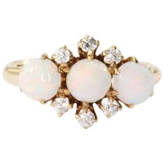 1900s Edwardian Fiery Opal Old European Cut Diamond Gold Ring