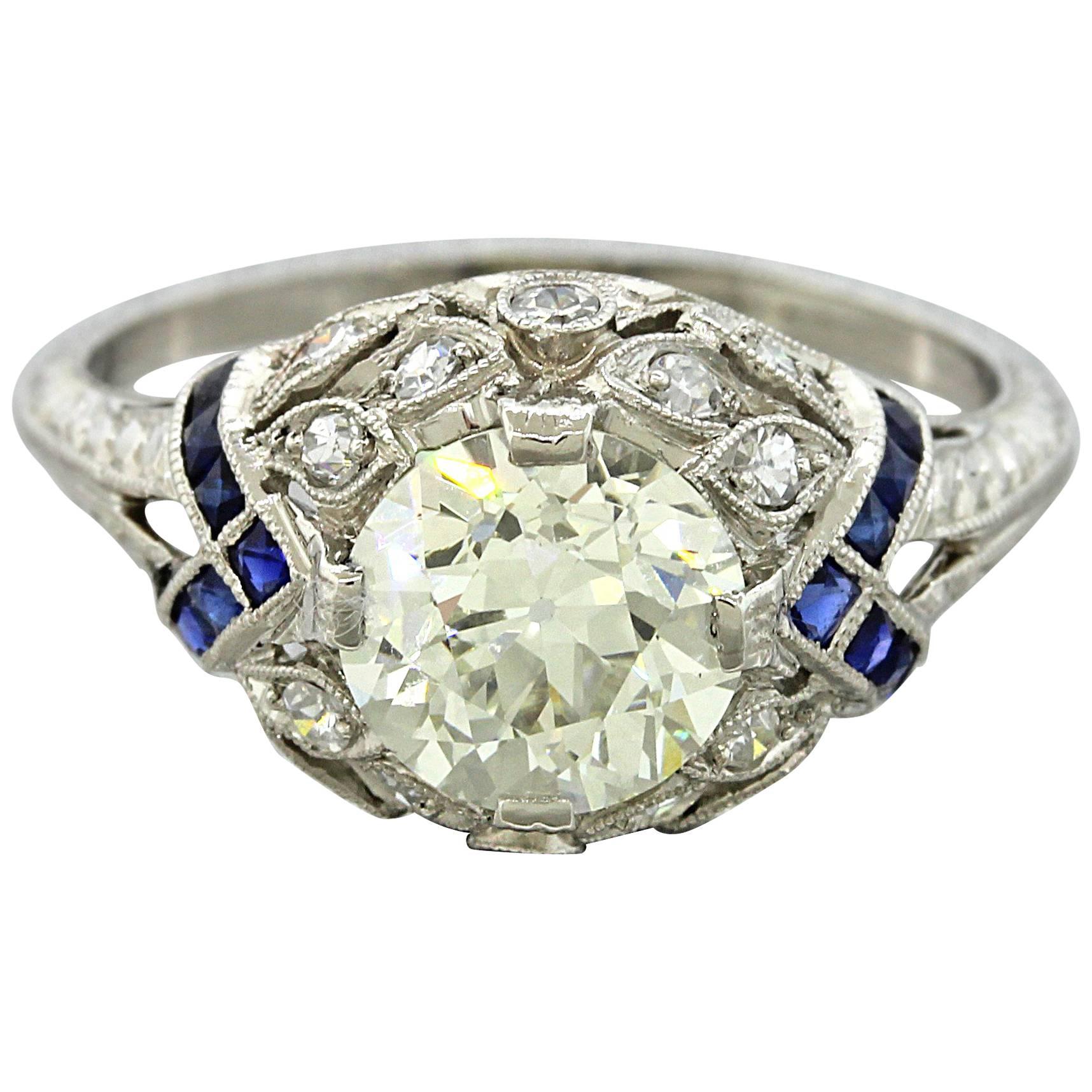 Antique Art Deco Platinum Filigree 1.68carat Diamond Sapphire Engagement Ring For Sale