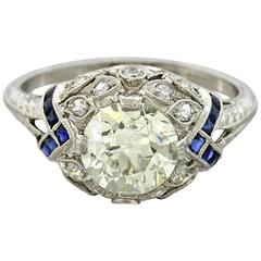 Antique Art Deco Platinum Filigree 1.68carat Diamond Sapphire Engagement Ring