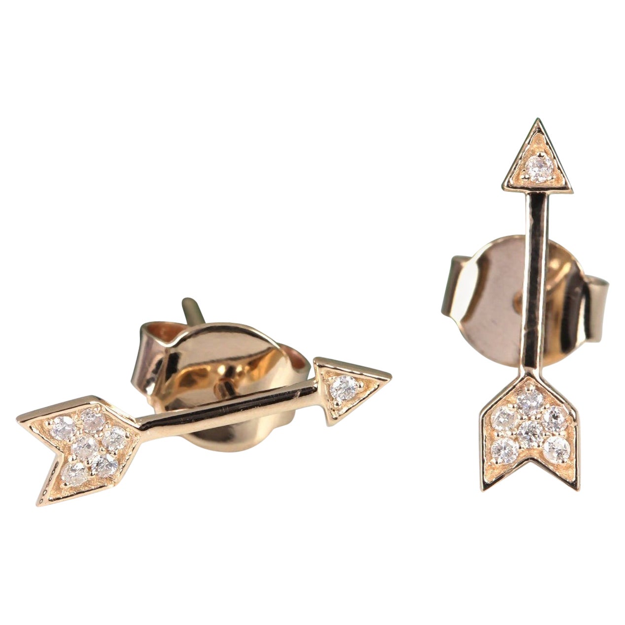 0.07 Ct Genuine Pave Diamond Arrow Stud Earrings 14k Yellow Gold Earring 1 Pair