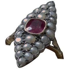 Victorian Ruby and Seed Pearl Navette Ring