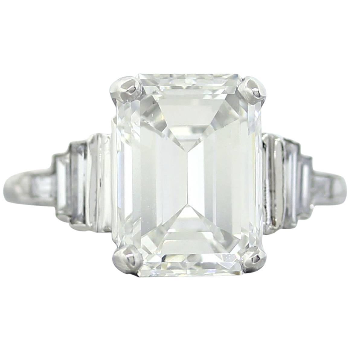 Antique Art Deco 4.60 carat GIA Emerald cut Diamond Platinum Engagement Ring For Sale