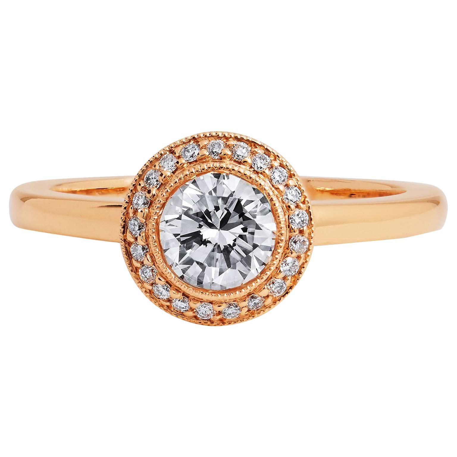 Handmade Round Brilliant Cut Diamond Gold Engagement Ring For Sale