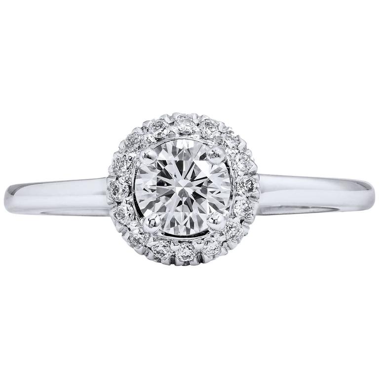Round Brilliant Cut Diamond Gold Engagement Ring with Halo For Sale at