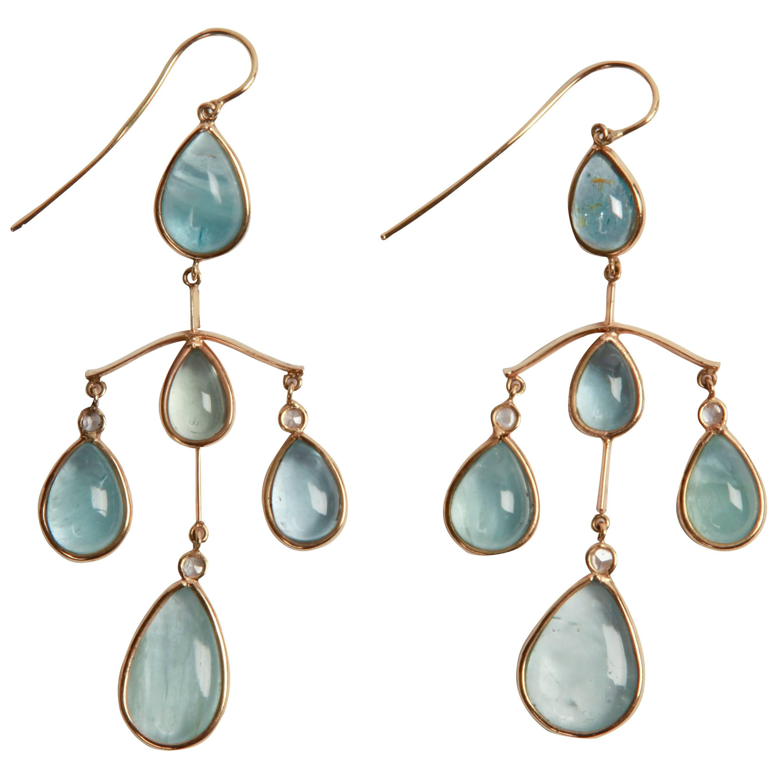 28 Cts Aquamarine Cabochons and 0, 15 Cts Diamonds 18K Gold Chandelier Earrings