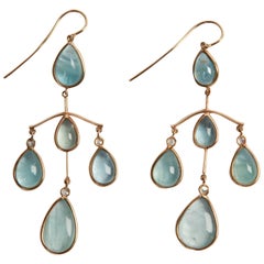 28 Cts Aquamarine Cabochons and 0, 15 Cts Diamonds 18K Gold Chandelier Earrings 28 Cts Aquamarine Cabochons and 0, 15 Cts Diamonds 18K Gold Chandelier Earrings