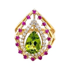 Anillo Cóctel Oro Amarillo Zafiro Diamante Peridoto 2.59 Quilates