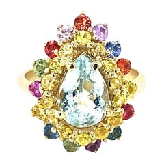 3.35 Carat Pear Cut Aquamarine Sapphire Yellow Gold Cocktail Ring