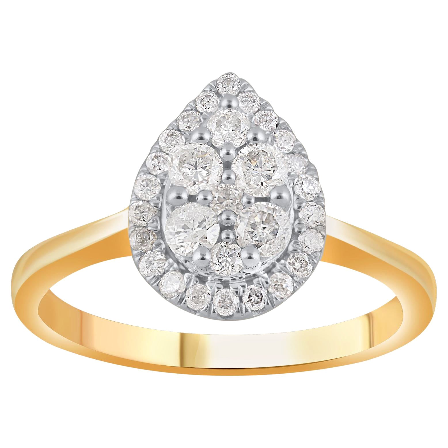 TJD 0.50 Carat Natural Round Diamond 14KT Yellow Gold Pear Shape Halo Ring