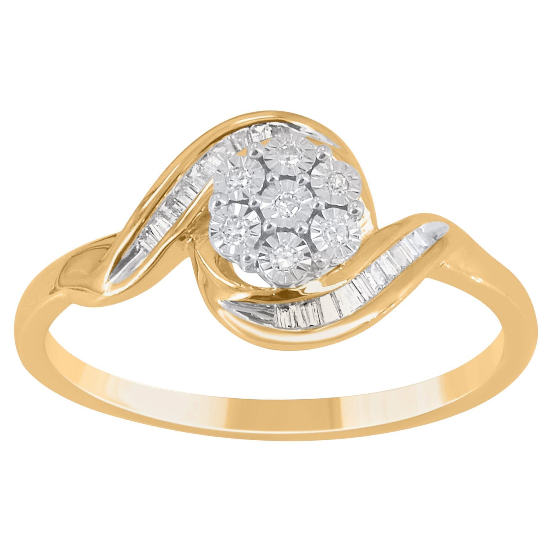 TJD 0.08 Carat Round & Baguette Diamond 14Karat Yellow Gold Bypass Fashion Ring