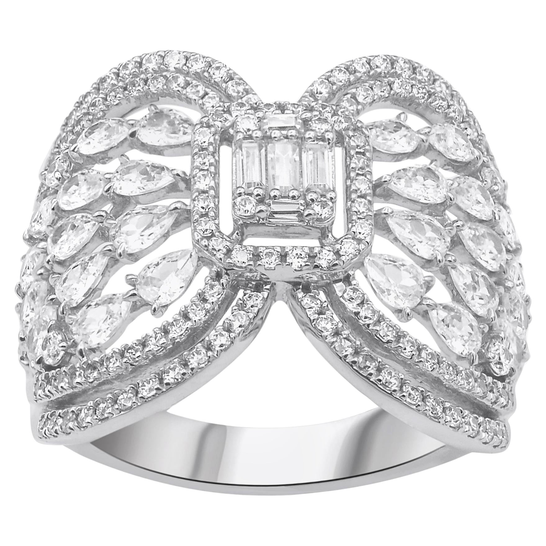 TJD 2.0 Carat Pear, Round & Baguette Diamond 14KT White Gold Cocktail Ring For Sale