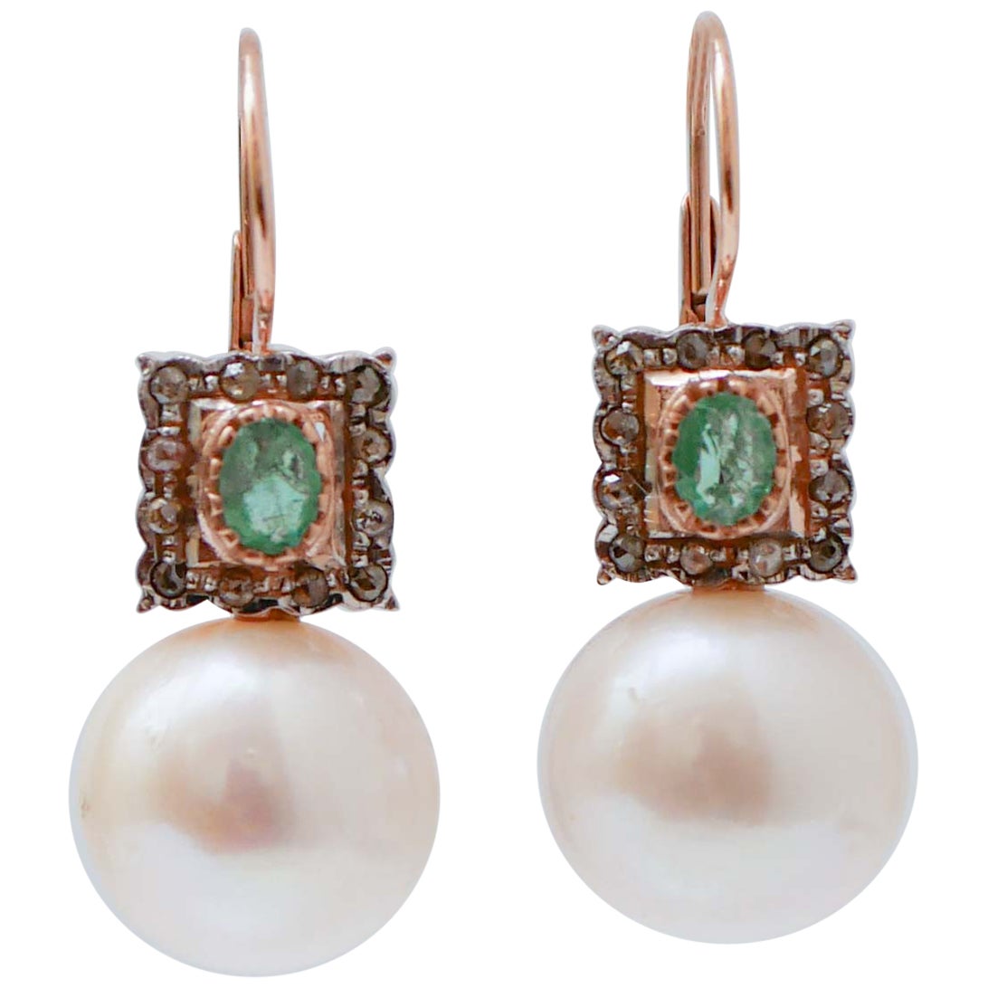 14.5 Mm Perlen, Smaragde, Diamanten, Roségold und Silber-Ohrringe.