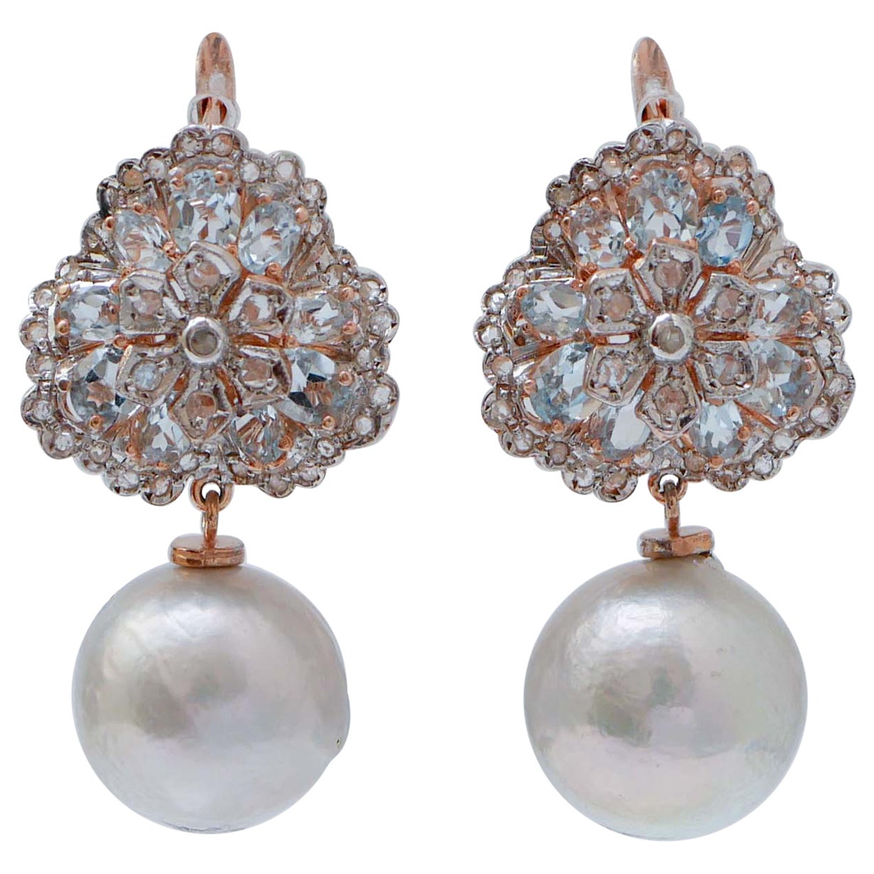 Grey Pearls, Aquamarine Colour Topazs, Diamonds, Rose Gold and Silver Earrings