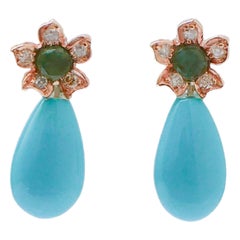 Turquoise, Emeralds, Diamonds, Rose Gold Earrings.