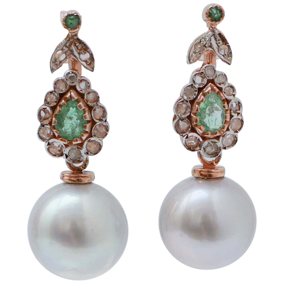 12 Mm Grey Pearls, Emeralds, Diamonds, Rose Gold and Silver Earrings.