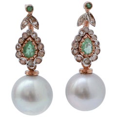 12 Mm Grey Pearls, Emeralds, Diamonds, Rose Gold and Silver Earrings.