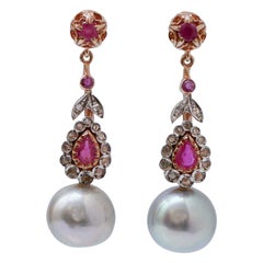 12 Mm Grey Pearls, Rubies, Diamonds, Rose Gold and Silver Earrings.