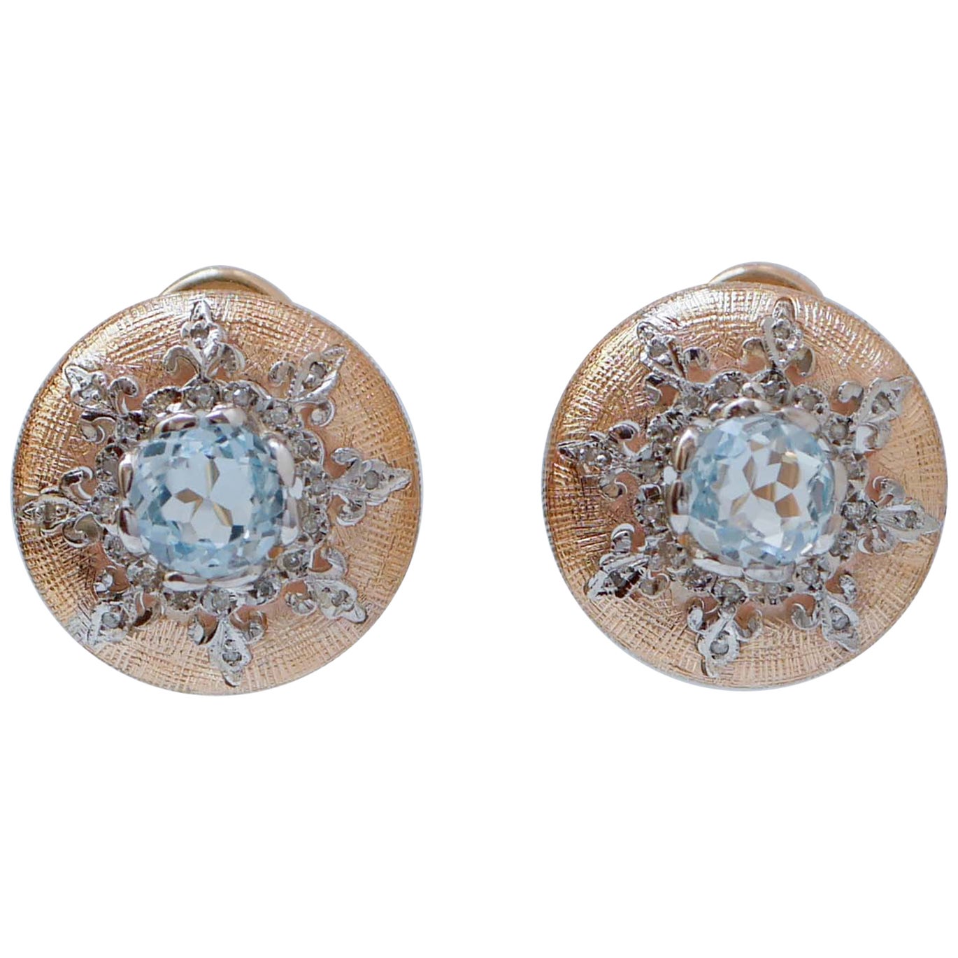 Aquamarinfarbene Topase, Diamanten, Ohrringe aus Roségold und Silber.