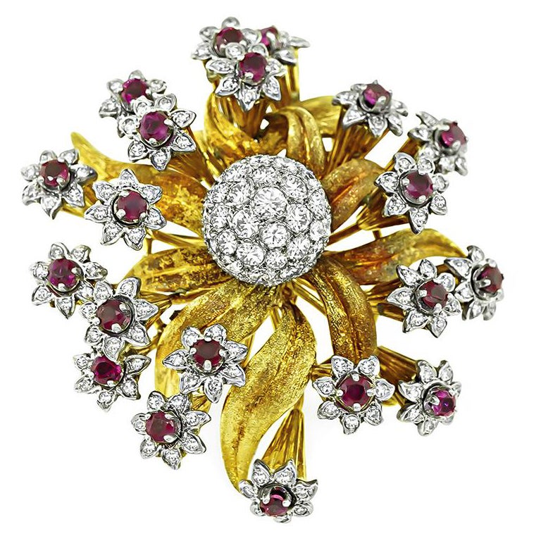 Edwin Pearl 4.00ct Diamond 2.00ct Ruby Gold Flower Pin