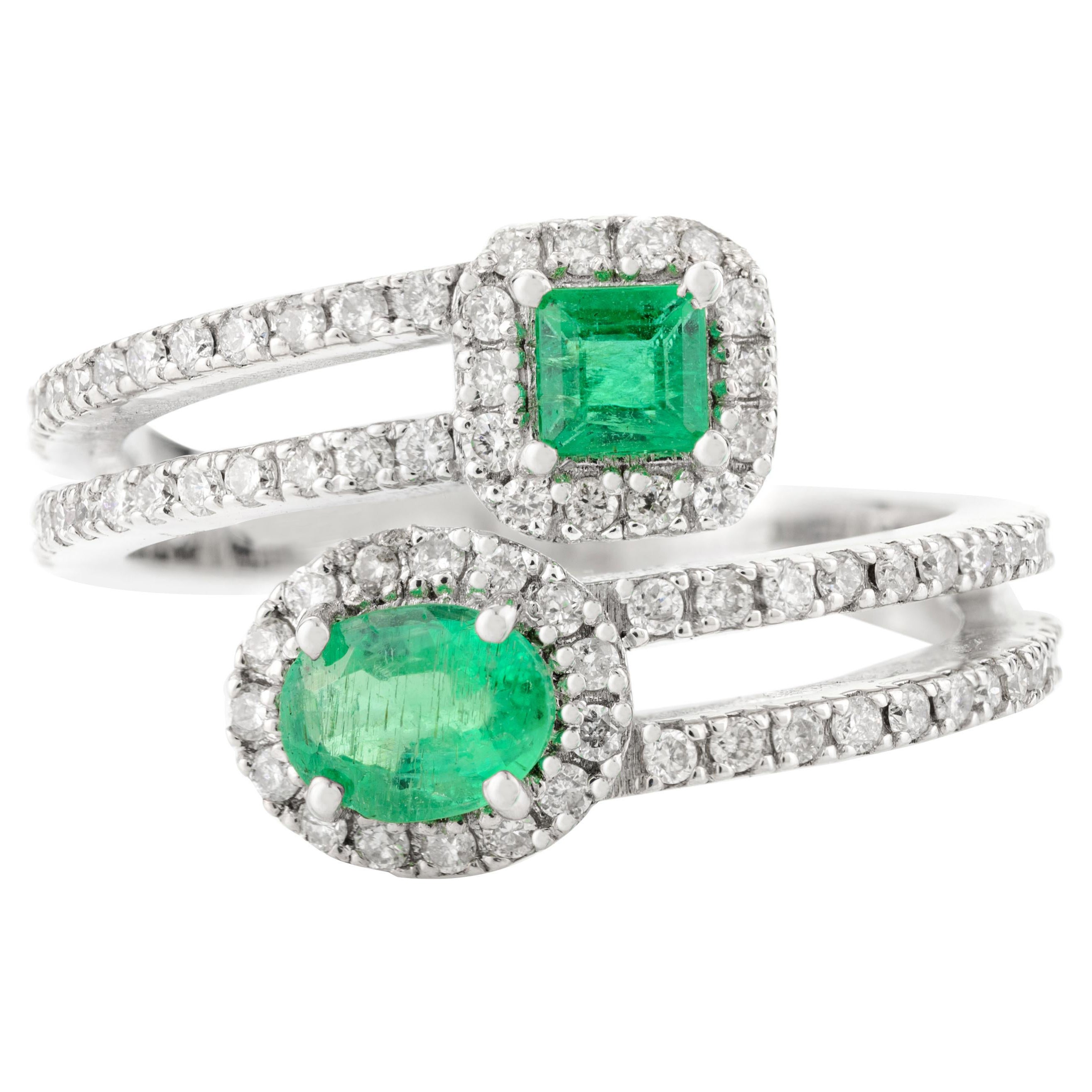 Natural Emerald Diamond Halo By Pass Wedding Ring for Her in 18k White Gold