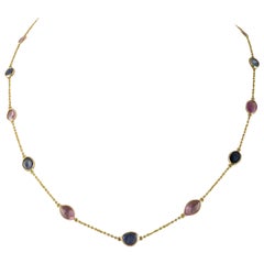 Multi Color Sapphire Chain Necklace 14k Yellow Gold, Grandma Gift Christmas