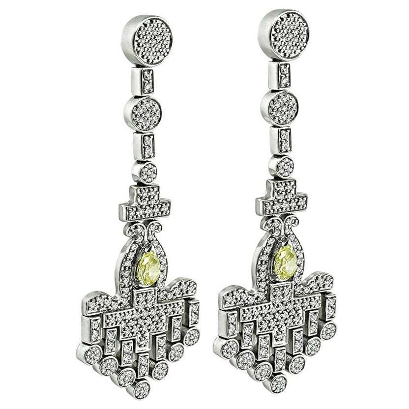 1.10ct Fancy Yellow Diamond 3.00ct Diamond Chandelier Earrings For Sale