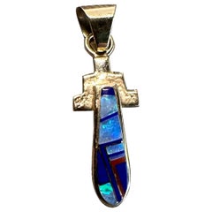 Native American Opal Lapis Pendant Necklace Yellow Gold Signed