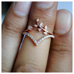 2 pc Diamond Chevron and Leaf V Ring Set 14k Gold Bridal Wedding Set For Women.