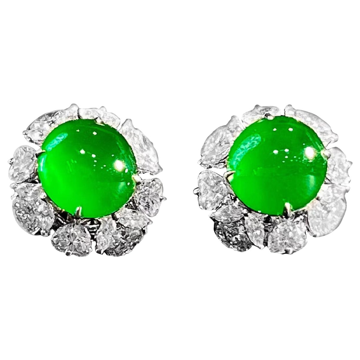 A Stunning Pair of Imperial Green Jadeite and Diamond Earrings in 18 Karat Gold