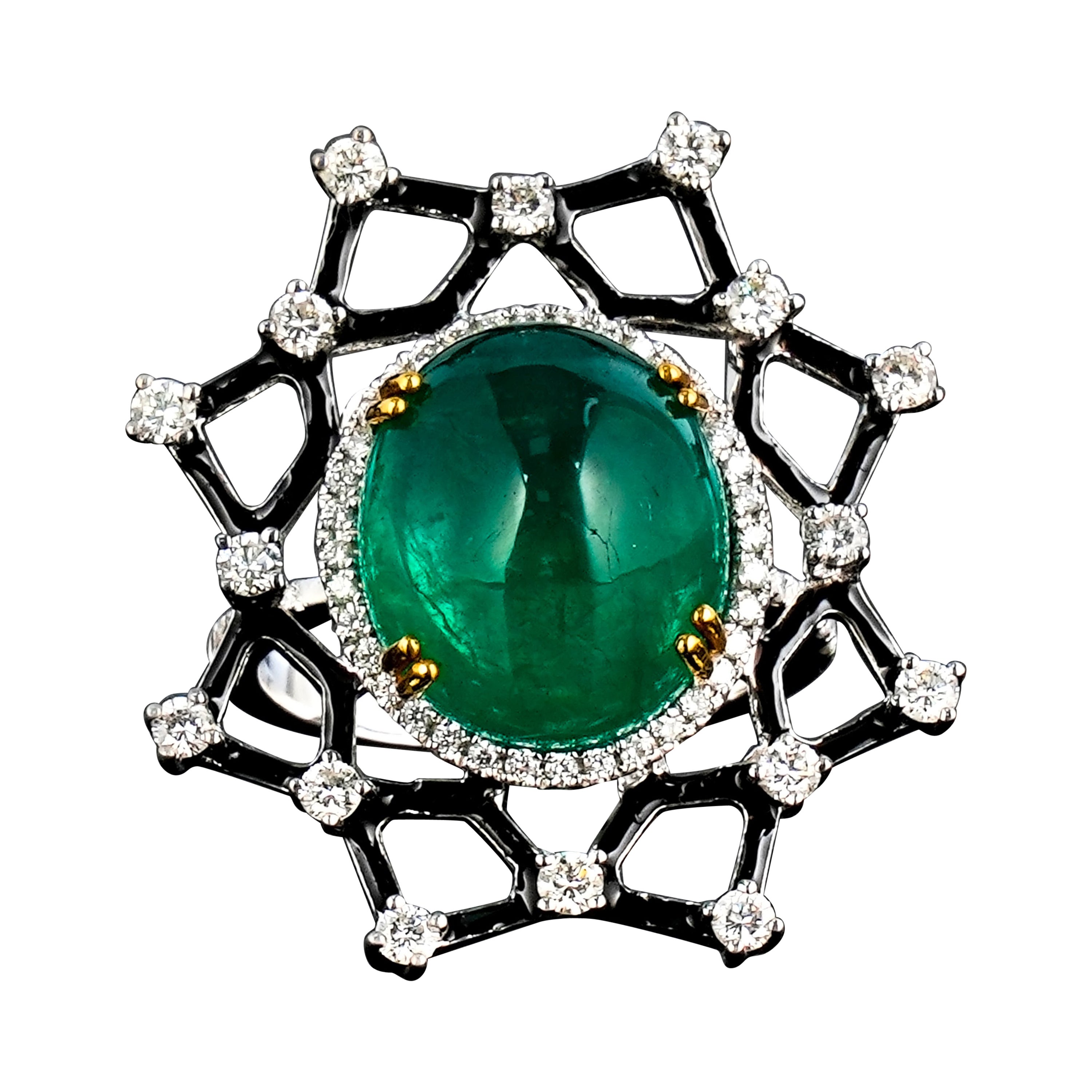 Cabujón de Esmeralda Certificado de 11,07 Quilates y Diamante con Esmalte Oro Blanco de 18 K