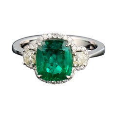 Certified 2.03 carat Zambian Emerald and Diamond Three Stone Engagement Ring