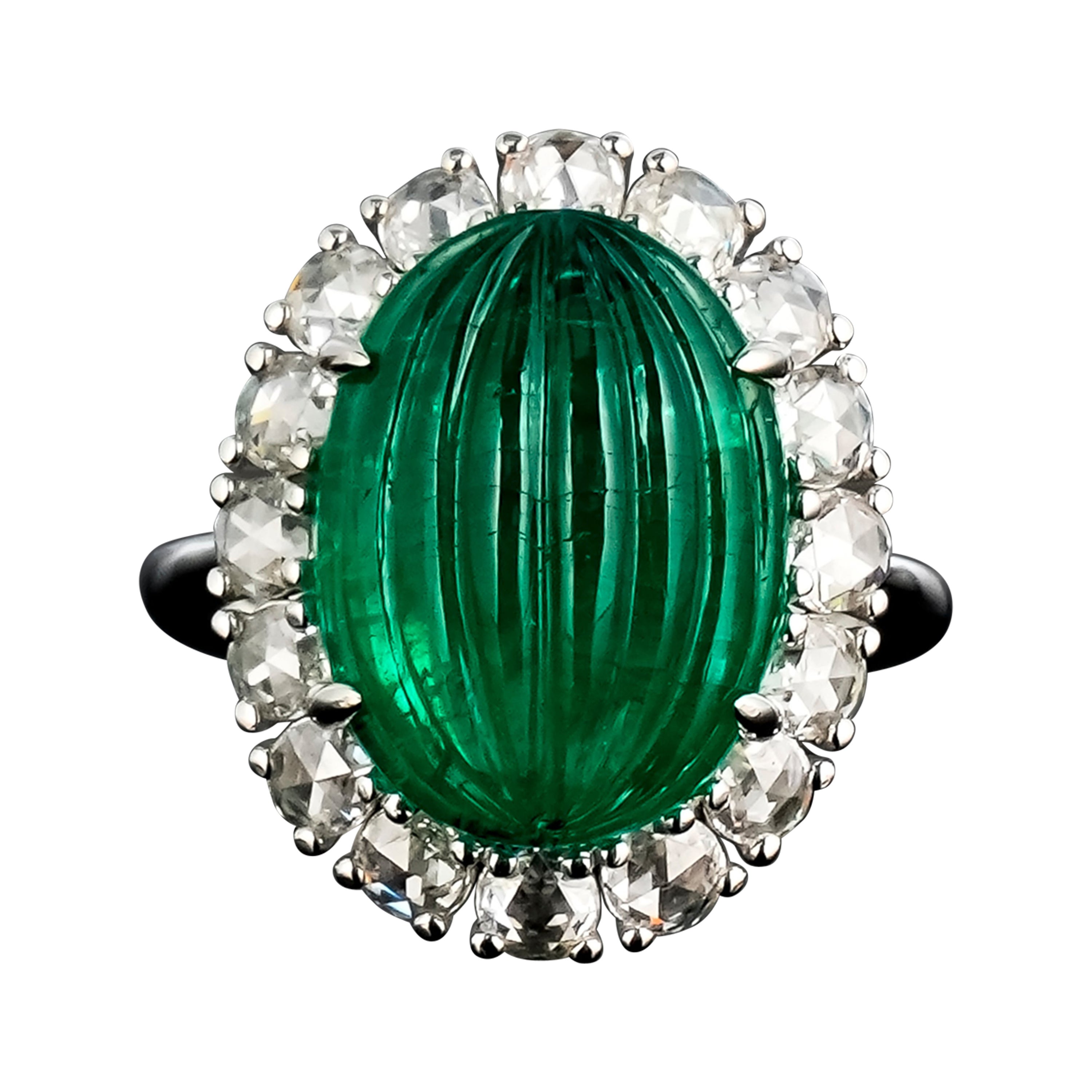 Art Deco 11.82 Carat Carved Emerald and Diamond Cocktail Ring