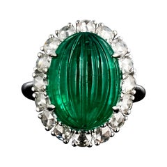 Art Deco 11.82 Carat Carved Emerald and Diamond Cocktail Ring