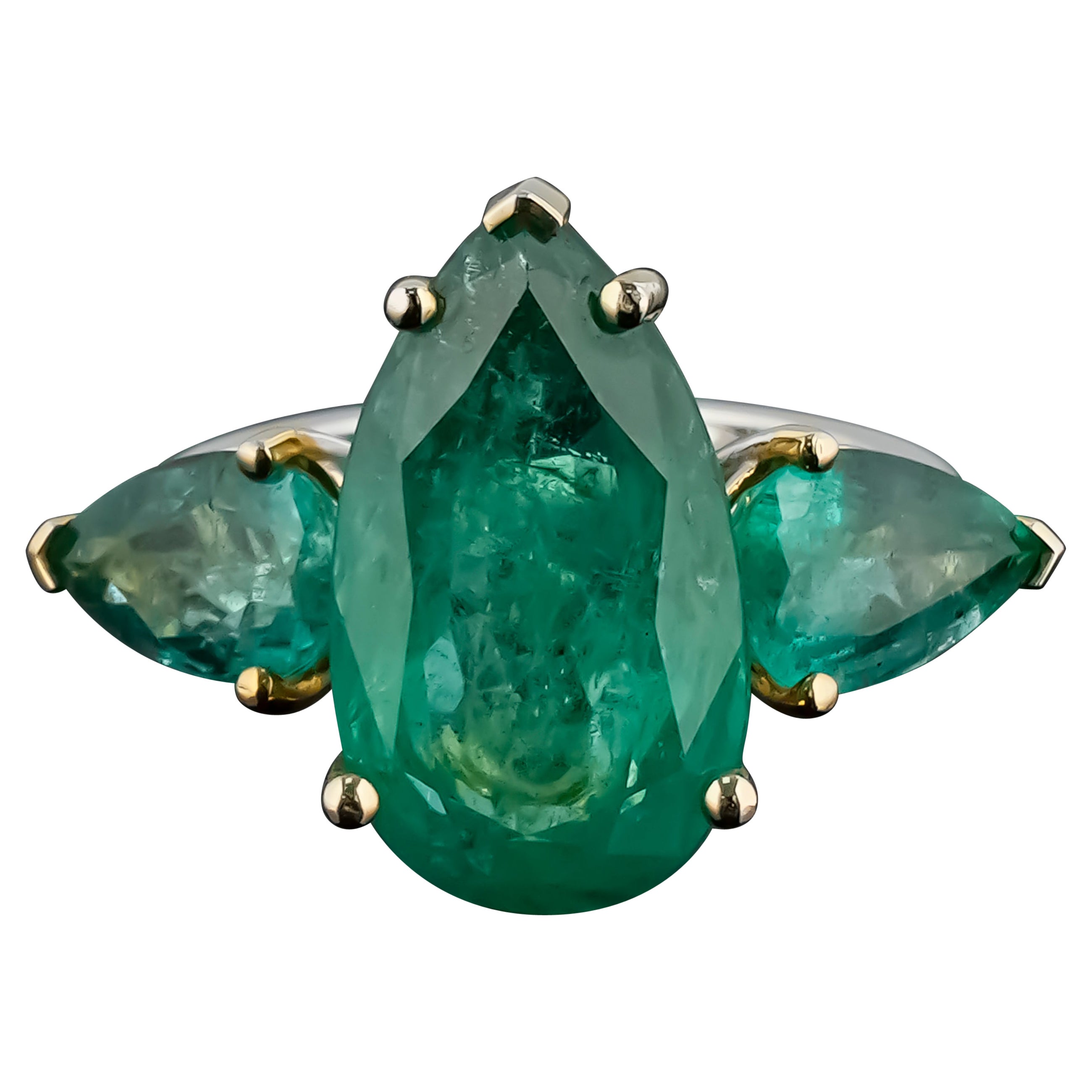 18K White Gold 3 Stone Pear Shaped Emerald Engagement Or Cocktail Ring For Sale