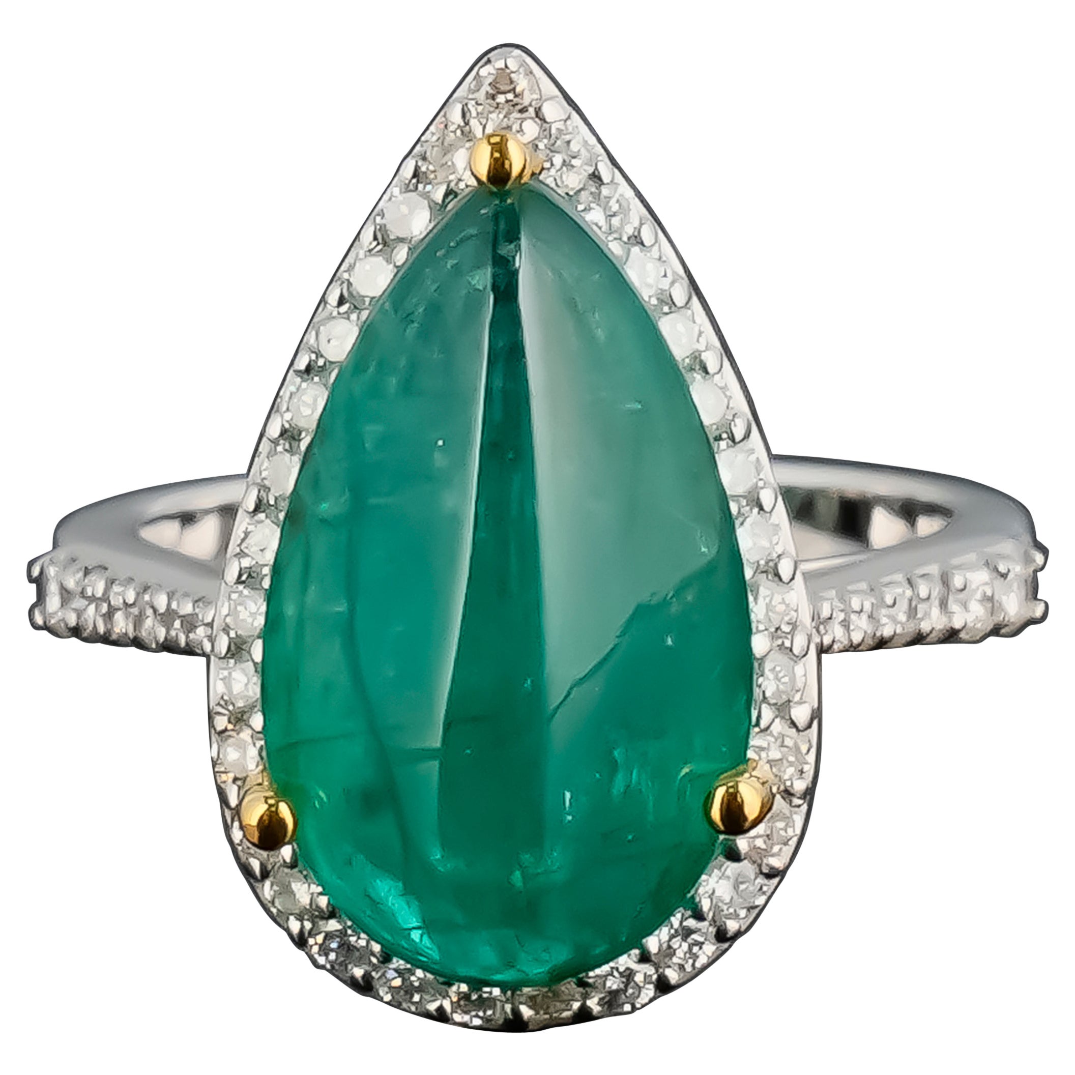7.54 Carat Pear Shape Emerald Cabochon and Diamond Ring