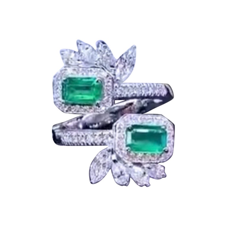 AIG Certified 1.21 Ct Zambian Emeralds 1.15 Ct Diamonds 18k Gold Ring