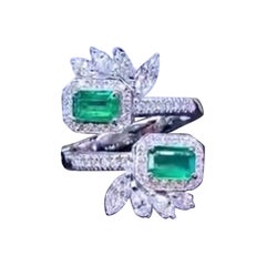 AIG Certified 1.21 Ct Zambian Emeralds 1.15 Ct Diamonds 18k Gold Ring