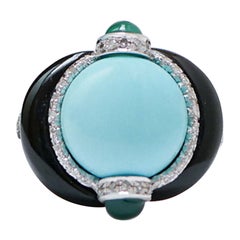Turquoise, Onyx, Green Agate, Diamonds, Platinum Ring.