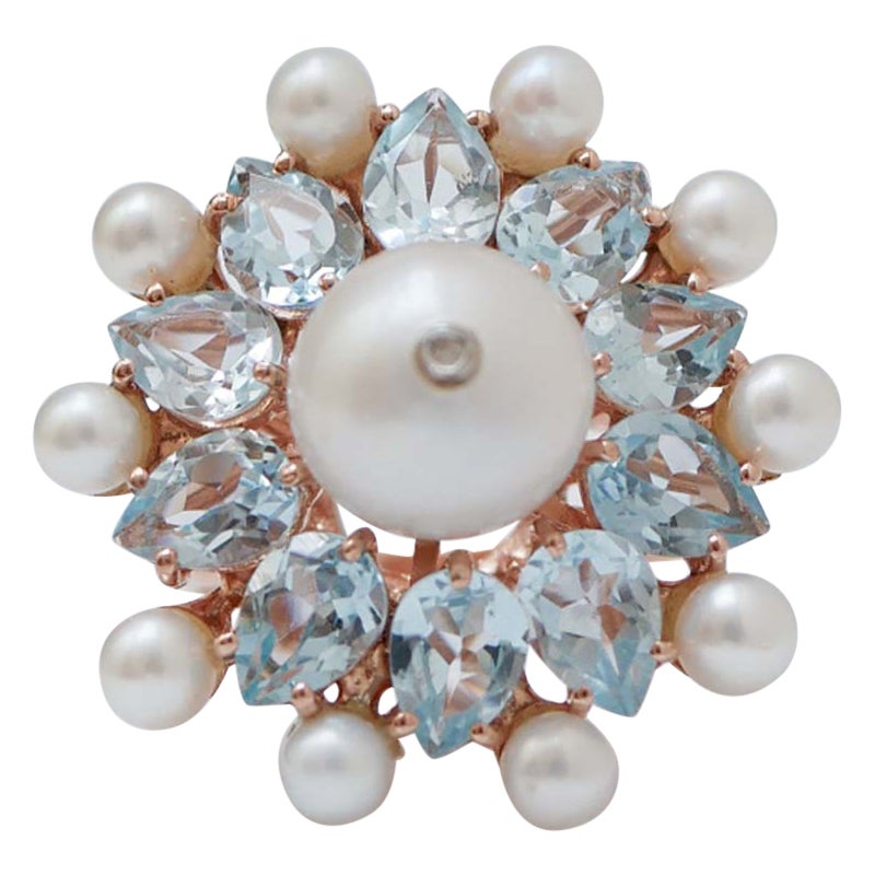 Topazs, Pearls, Diamonds, 14 Karat Rose Gold and Silver Ring.