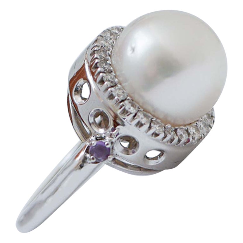 South-Sea Pearls, Diamonds, Amethysts, 18 Karata White Gold Ring.