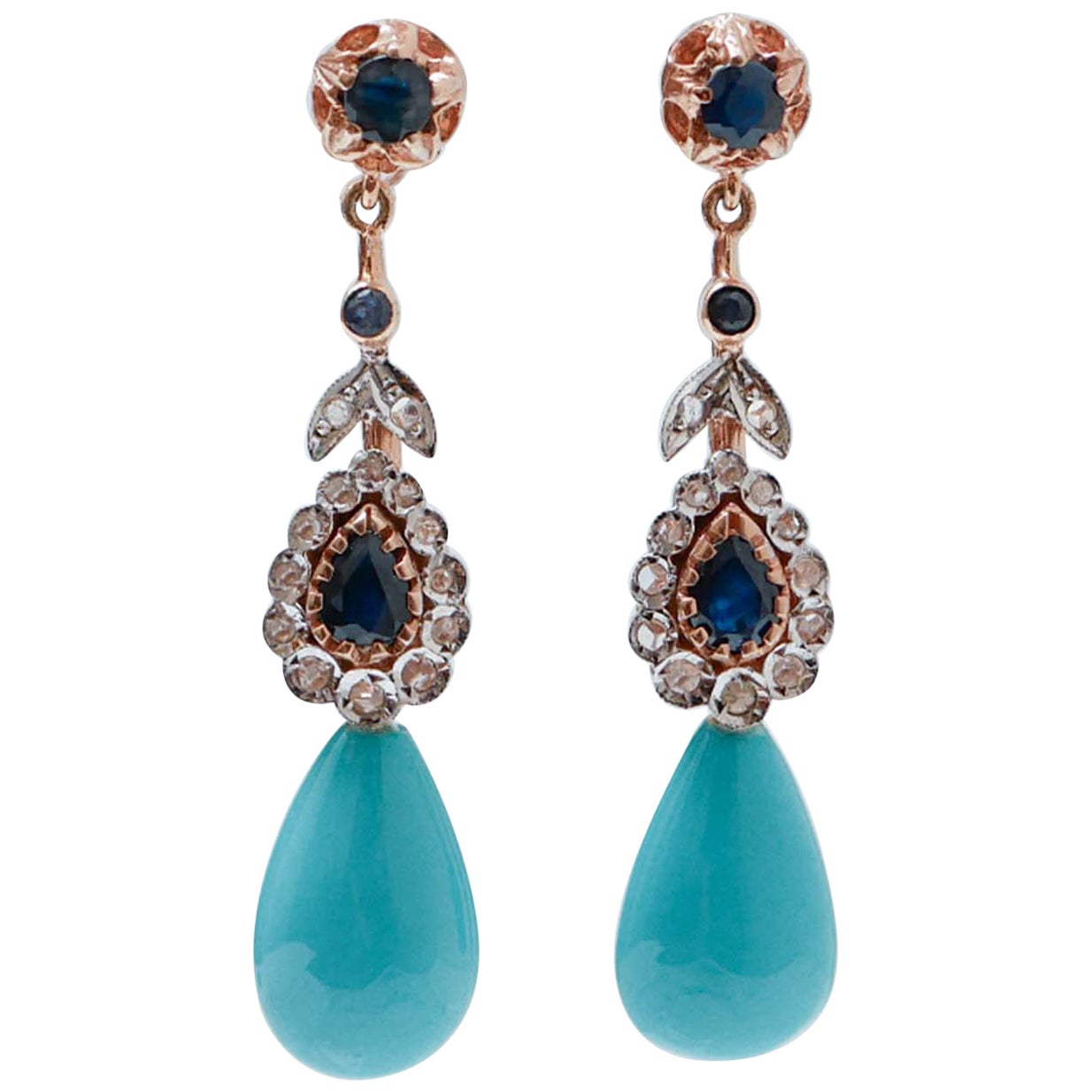 Pendientes de Turquesa, Zafiros, Diamantes, Oro Rosa y Plata.