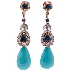 Turquoise, Sapphires, Diamonds, Rose Gold and Silver Earrings.