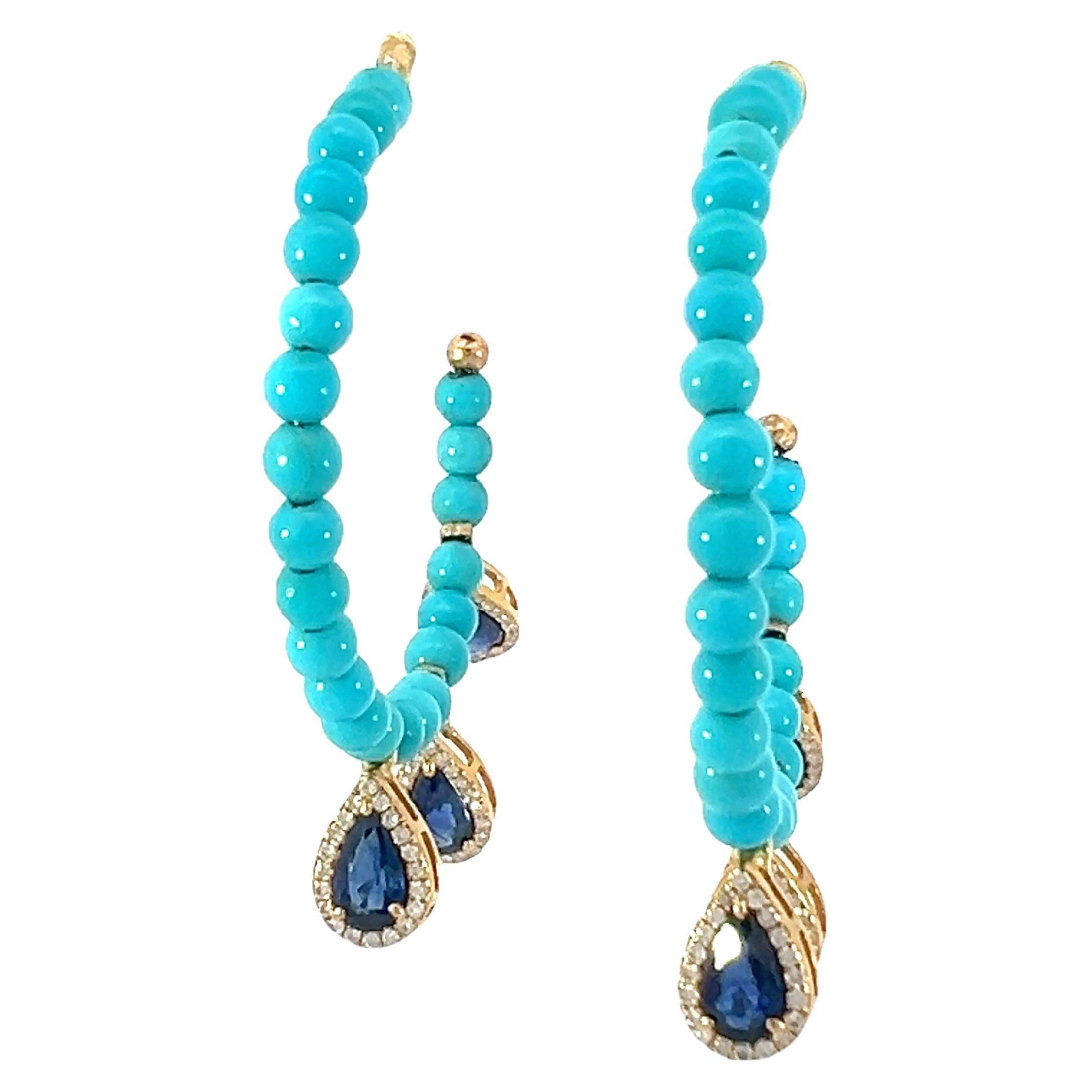 Gorgeous natural turquoise, sapphire, and diamond hoop earrings